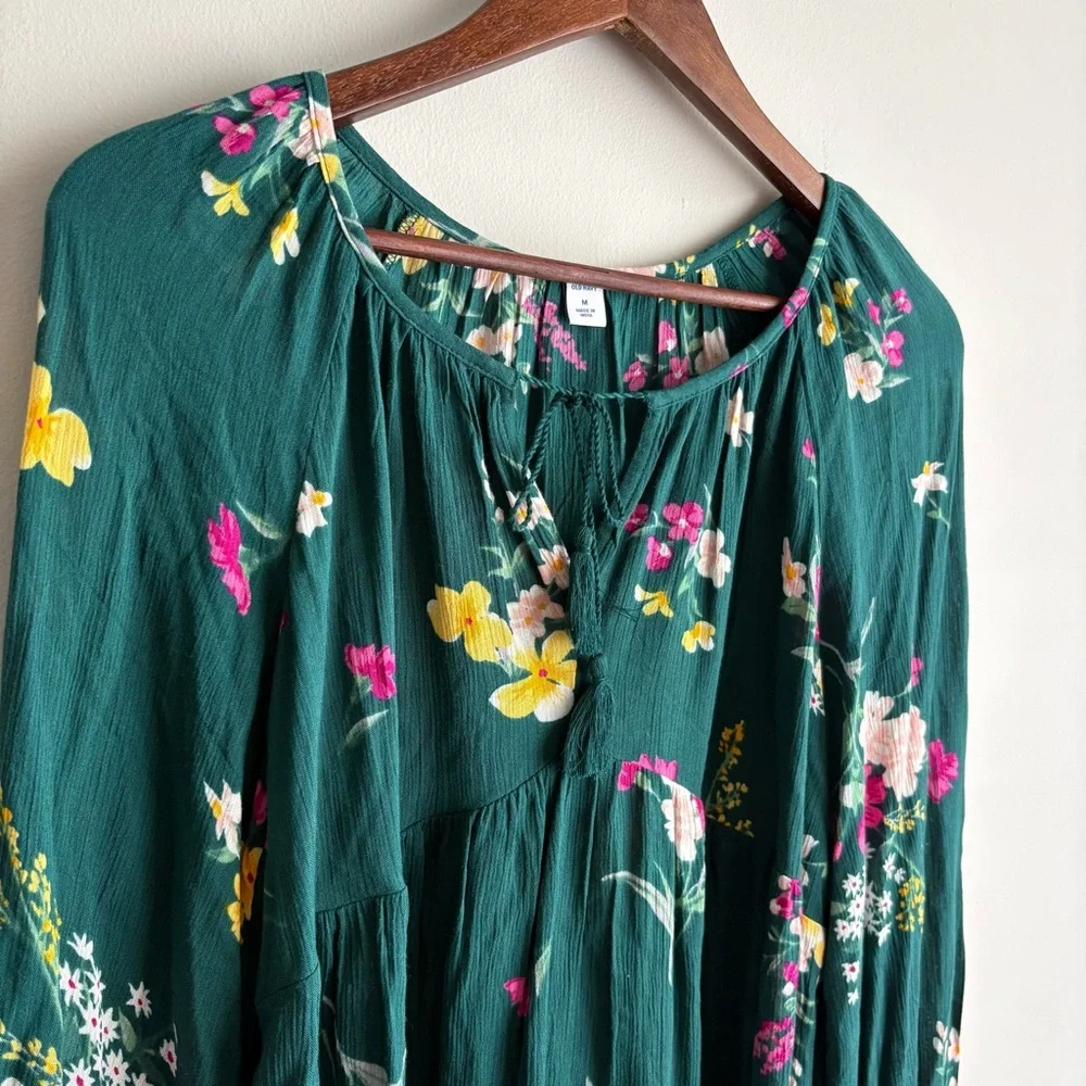 Old Navy Floral Peasant Blouse Women’s Medium Green Boho Long Sleeve Flowy Top - Picture 4 of 5